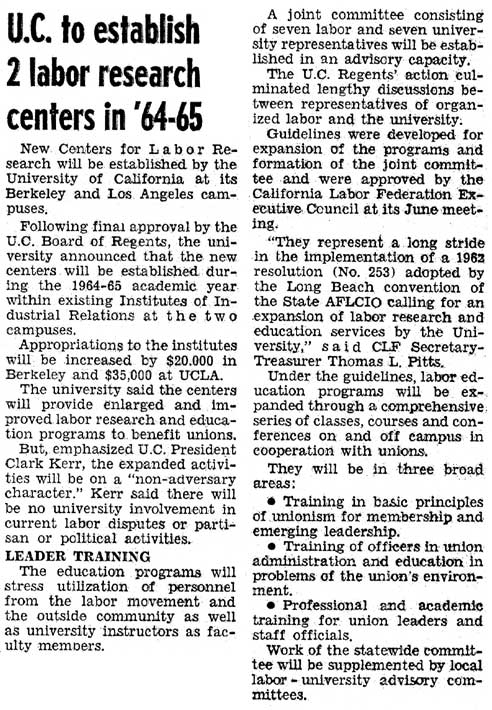 UC to establish 2 labor centers in '64-65